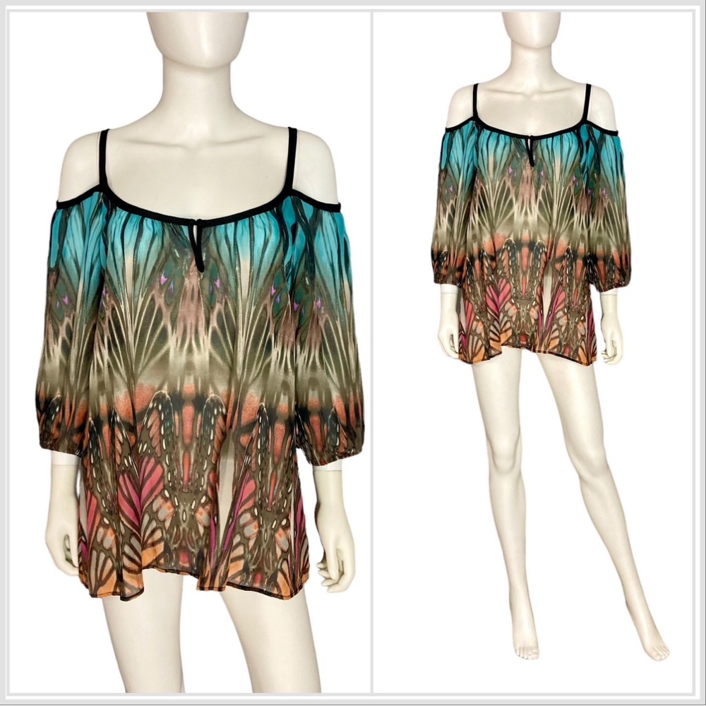 Y2K Vintage Bebe shoulder cut out silk butterfly tunic boho shirt top L